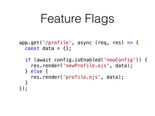 Feature Flags
app.get('/profile', async (req, res) => {
const data = {};
if (await config.isEnabled('newConfig')) {
res.render('newProfile.ejs', data);
} else {
res.render('profile.ejs', data);
}
});
 