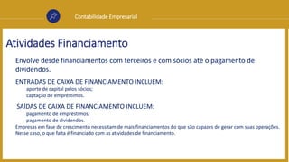 Contabilidade Empresarial
Atividades Financiamento
Envolve desde financiamentos com terceiros e com sócios até o pagamento de
dividendos.
ENTRADAS DE CAIXA DE FINANCIAMENTO INCLUEM:
aporte de capital pelos sócios;
captação de empréstimos.
SAÍDAS DE CAIXA DE FINANCIAMENTO INCLUEM:
pagamento de empréstimos;
pagamento de dividendos.
Empresas em fase de crescimento necessitam de mais financiamentos do que são capazes de gerar com suas operações.
Nesse caso, o que falta é financiado com as atividades de financiamento.
 