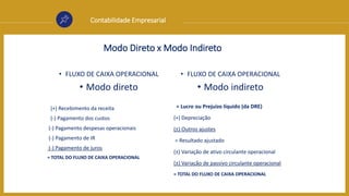 Contabilidade Empresarial
Modo Direto x Modo Indireto
• FLUXO DE CAIXA OPERACIONAL
• Modo direto
(+) Recebimento da receita
(-) Pagamento dos custos
(-) Pagamento despesas operacionais
(-) Pagamento de IR
(-) Pagamento de juros
= TOTAL DO FLUXO DE CAIXA OPERACIONAL
• FLUXO DE CAIXA OPERACIONAL
• Modo indireto
= Lucro ou Prejuízo líquido (da DRE)
(+) Depreciação
(±) Outros ajustes
= Resultado ajustado
(±) Variação de ativo circulante operacional
(±) Variação de passivo circulante operacional
= TOTAL DO FLUXO DE CAIXA OPERACIONAL
 