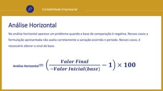 Contabilidade Empresarial
Análise Horizontal
Na análise horizontal aparece um problema quando a base de comparação é negativa. Nesses casos a
formulação apresentada não avalia corretamente a variação ocorrida n período. Nesses casos, é
necessário alterar o sinal da base.
Análise Horizontal=
𝑽𝒂𝒍𝒐𝒓 𝑭𝒊𝒏𝒂𝒍
−𝑽𝒂𝒍𝒐𝒓 𝑰𝒏𝒊𝒄𝒊𝒂𝒍(𝒃𝒂𝒔𝒆)
− 𝟏 × 𝟏𝟎𝟎
 