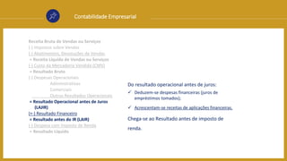 Contabilidade Empresarial
Receita Bruta de Vendas ou Serviços
(-) Impostos sobre Vendas
(-) Abatimentos, Devoluções de Vendas
= Receita Líquida de Vendas ou Serviços
(-) Custo da Mercadoria Vendida (CMV)
= Resultado Bruto
(-) Despesas Operacionais
Administrativas
Comerciais
Outros Resultados Operacionais
= Resultado Operacional antes de Juros
(LAJIR)
(+-) Resultado Financeiro
= Resultado antes do IR (LAIR)
(-) Despesa com Imposto de Renda
= Resultado Líquido
Do resultado operacional antes de juros:
 Deduzem-se despesas financeiras (juros de
empréstimos tomados);
 Acrescentam-se receitas de aplicações financeiras.
Chega-se ao Resultado antes de imposto de
renda.
 