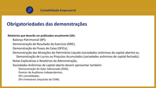 Contabilidade Empresarial
Obrigatoriedades das demonstrações
Relatórios que deverão ser publicados anualmente (SA):
Balanço Patrimonial (BP);
Demonstração de Resultado do Exercício (DRE);
Demonstração de Fluxos de Caixa (DFlCx);
Demonstração das Mutações do Patrimônio Líquido (sociedades anônimas de capital aberto) ou
Demonstração de Lucros ou Prejuízos Acumulados (sociedades anônimas de capital fechado);
Notas Explicativas e Relatórios da Administração;
Sociedades Anônimas de capital aberto devem apresentar também:
Demonstração do Valor Adicionado (DVA);
Parecer de Auditores Independentes;
DFs consolidadas;
DFs trimestrais (requisito da CVM).
 