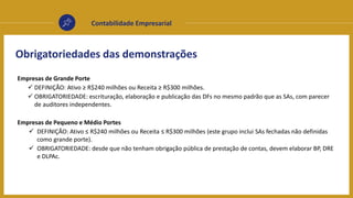 Contabilidade Empresarial
Obrigatoriedades das demonstrações
Empresas de Grande Porte
 DEFINIÇÃO: Ativo ≥ R$240 milhões ou Receita ≥ R$300 milhões.
 OBRIGATORIEDADE: escrituração, elaboração e publicação das DFs no mesmo padrão que as SAs, com parecer
de auditores independentes.
Empresas de Pequeno e Médio Portes
 DEFINIÇÃO: Ativo ≤ R$240 milhões ou Receita ≤ R$300 milhões (este grupo inclui SAs fechadas não definidas
como grande porte).
 OBRIGATORIEDADE: desde que não tenham obrigação pública de prestação de contas, devem elaborar BP, DRE
e DLPAc.
 