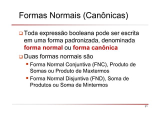 21
Formas Normais (Canônicas)
Toda expressão booleana pode ser escrita
em uma forma padronizada, denominada
forma normal ou forma canônica
Duas formas normais são
Forma Normal Conjuntiva (FNC), Produto de
Somas ou Produto de Maxtermos
Forma Normal Disjuntiva (FND), Soma de
Produtos ou Soma de Mintermos
 