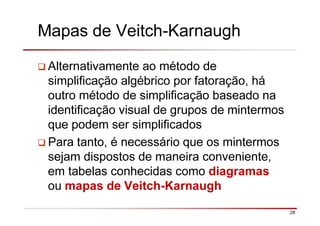 28
Mapas de Veitch-Karnaugh
Alternativamente ao método de
simplificação algébrico por fatoração, há
outro método de simplificação baseado na
identificação visual de grupos de mintermos
que podem ser simplificados
Para tanto, é necessário que os mintermos
sejam dispostos de maneira conveniente,
em tabelas conhecidas como diagramas
ou mapas de Veitch-Karnaugh
 