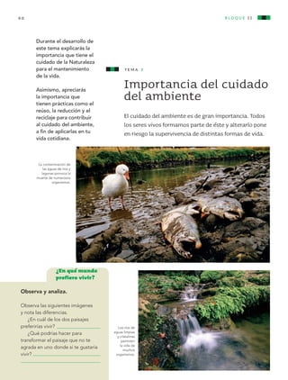 60                                                                                      bloque I I


                   Durante el desarrollo de
                   este tema explicarás la
                   importancia que tiene el
                   cuidado de la Naturaleza
                   para el mantenimiento                  tema 3
                   de la vida.

                   Asimismo, apreciarás
                                                          Importancia del cuidado
                   la importancia que
                   tienen prácticas como el
                                                          del ambiente
                   reúso, la reducción y el
                   reciclaje para contribuir              El cuidado del ambiente es de gran importancia. Todos
                   al cuidado del ambiente,               los seres vivos formamos parte de éste y alterarlo pone
                   a fin de aplicarlas en tu              en riesgo la supervivencia de distintas formas de vida.
                   vida cotidiana.



                     La contaminación de
                        las aguas de ríos y
                       lagunas provoca la
                    muerte de numerosos
                              organismos.




                                 ¿En qué mundo
                                 prefiero vivir?

         Observa y analiza.

         Observa las siguientes imágenes
         y nota las diferencias.
             ¿En cuál de los dos paisajes
         preferirías vivir?                           Los ríos de
             ¿Qué podrías hacer para               aguas limpias
                                                     y cristalinas
         transformar el paisaje que no te               permiten
                                                       la vida de
         agrada en uno donde sí te gustaría              muchos
         vivir?                                     organismos.




AB-CN-3-P-001-073.indd 60                                                                                     11/04/11 01:15 PM
 