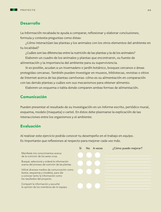 p r o y ecto                                                                                    69



                   Desarrollo

                   La información recabada te ayuda a comparar, reflexionar y elaborar conclusiones;
                   formula y contesta preguntas como éstas:
                       ¿Cómo interactúan las plantas y los animales con los otros elementos del ambiente en
                   tu localidad?
                       ¿Cuáles son las diferencias entre la nutrición de las plantas y la de los animales?
                       Elaboren un cuadro de los animales y plantas que encontraron, su fuente de
                   alimentación y la importancia del ambiente para su superviviencia.
                       Si es posible, acudan a un invernadero o jardín botánico, bosques cercanos o áreas
                   protegidas cercanas. También pueden investigar en museos, bibliotecas, revistas o sitios
                   de Internet acerca de las plantas carnívoras: cómo es su alimentación en comparación
                   con las demás plantas y cuáles son sus mecanismos para obtener alimento.
                       Elaboren un esquema o tabla donde comparen ambas formas de alimentación.

                   Comunicación

                   Pueden presentar el resultado de su investigación en un informe escrito, periódico mural,
                   esquema, modelo (maqueta) o cartel. En éstos debe plasmarse la explicación de las
                   interacciones entre los organismos y el ambiente.

                   Evaluación

                   Al realizar este ejercicio podrás conocer tu desempeño en el trabajo en equipo.
                   Es importante que reflexiones al respecto para mejorar cada vez más.
                                                                       Sí   No   A veces   ¿Cómo puedo mejorar?
                     Manifesté mis conocimientos acerca
                     de la nutrición de los seres vivos.

                     Busqué, seleccioné y ordené la información
                     acerca del proceso de nutrición de las plantas.

                     Utilicé diversos medios de comunicación como
                     textos, esquemas y modelos, para dar
                     a conocer tanto la información como
                     los resultados del proyecto.

                     Compartí la información y escuché
                     la opinión de los miembros de mi equipo.




AB-CN-3-P-001-073.indd 69                                                                                         11/04/11 01:16 PM
 