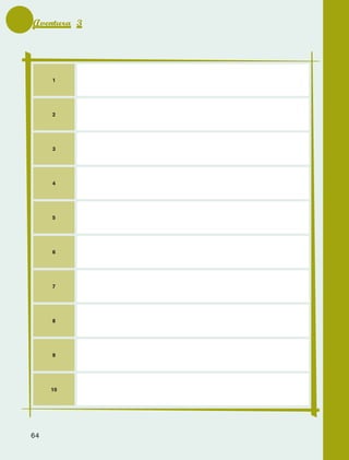 Aventura 3




                        1




                        2




                        3




                        4




                        5




                        6




                        7




                        8




                        9




                       10




             64



AB-EDU-FIS-6-P-001-112.indb 64   14/11/11 10:17
 