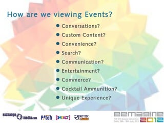 How are we viewing Events?
             Conversations?
             Custom Content?
             Convenience?
             Search?
             Communication?
             Entertainment?
             Commerce?
             Cocktail Ammunition?
             Unique Experience?
 