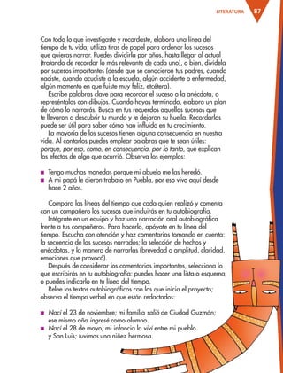 LITERATURA   87



                      Con todo lo que investigaste y recordaste, elabora una línea del
                      tiempo de tu vida; utiliza tiras de papel para ordenar los sucesos
                      que quieras narrar. Puedes dividirla por años, hasta llegar al actual
                      (tratando de recordar lo más relevante de cada uno), o bien, divídela
                      por sucesos importantes (desde que se conocieron tus padres, cuando
                      naciste, cuando acudiste a la escuela, algún accidente o enfermedad,
                      algún momento en que fuiste muy feliz, etcétera).
                          Escribe palabras clave para recordar el suceso o la anécdota, o
                      represéntalos con dibujos. Cuando hayas terminado, elabora un plan
                      de cómo lo narrarás. Busca en tus recuerdos aquellos sucesos que
                      te llevaron a descubrir tu mundo y te dejaron su huella. Recordarlos
                      puede ser útil para saber cómo han influido en tu crecimiento.
                          La mayoría de los sucesos tienen alguna consecuencia en nuestra
                      vida. Al contarlos puedes emplear palabras que te sean útiles:
                      porque, por eso, como, en consecuencia, por lo tanto, que explican
                      los efectos de algo que ocurrió. Observa los ejemplos:

                      ■■     Tengo muchas monedas porque mi abuelo me las heredó.
                      ■■     A mi papá le dieron trabajo en Puebla, por eso vivo aquí desde
                             hace 2 años.

                         Compara las líneas del tiempo que cada quien realizó y comenta
                      con un compañero los sucesos que incluirás en tu autobiografía.
                         Intégrate en un equipo y haz una narración oral autobiográfica
                      frente a tus compañeros. Para hacerlo, apóyate en tu línea del
                      tiempo. Escucha con atención y haz comentarios tomando en cuenta:
                      la secuencia de los sucesos narrados; la selección de hechos y
                      anécdotas, y la manera de narrarlas (brevedad o amplitud, claridad,
                      emociones que provocó).
                         Después de considerar los comentarios importantes, selecciona lo
                      que escribirás en tu autobiografía: puedes hacer una lista o esquema,
                      o puedes indicarlo en tu línea del tiempo.
                         Relee los textos autobiográficos con los que inicia el proyecto;
                      observa el tiempo verbal en que están redactados:

                      ■■     Nací el 23 de noviembre; mi familia salió de Ciudad Guzmán;
                             ese mismo año ingresé como alumno.
                      ■■     Nací el 28 de mayo; mi infancia la viví entre mi pueblo
                             y San Luis; tuvimos una niñez hermosa.




AB-ESP-3-P-001-160.indd 87                                                                              01/04/11 11:43 AM
 