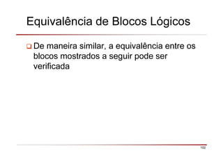 102
Equivalência de Blocos Lógicos
De maneira similar, a equivalência entre os
blocos mostrados a seguir pode ser
verificada
 