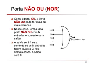 36
Porta NÃO OU (NOR)
Como a porta OU, a porta
NÃO OU pode ter duas ou
mais entradas
Nesse caso, temos uma
porta NÃO OU com N
entradas e somente uma
saída
A saída será 1 se e
somente se as N entradas
forem iguais a 0; nos
demais casos, a saída
será 0
A
B
S=A+B+C+…+N
C
N
…
 