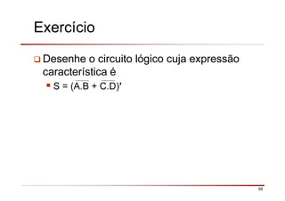 59
Exercício
Desenhe o circuito lógico cuja expressão
característica é
S = (A.B + C.D)’
 