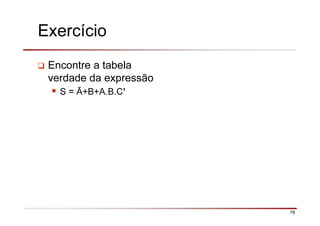 76
Exercício
Encontre a tabela
verdade da expressão
S = Ā+B+A.B.C’
 