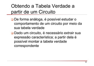94
Obtendo a Tabela Verdade a
partir de um Circuito
De forma análoga, é possível estudar o
comportamento de um circuito por meio da
sua tabela verdade
Dado um circuito, é necessário extrair sua
expressão característica; a partir dela é
possível montar a tabela verdade
correspondente
 