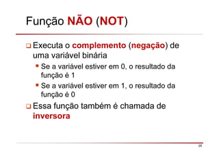 26
Função NÃO (NOT)
Executa o complemento (negação) de
uma variável binária
Se a variável estiver em 0, o resultado da
função é 1
Se a variável estiver em 1, o resultado da
função é 0
Essa função também é chamada de
inversora
 