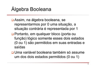 5
Álgebra Booleana
Assim, na álgebra booleana, se
representarmos por 0 uma situação, a
situação contrária é representada por 1
Portanto, em qualquer bloco (porta ou
função) lógico somente esses dois estados
(0 ou 1) são permitidos em suas entradas e
saídas
Uma variável booleana também só assume
um dos dois estados permitidos (0 ou 1)
 