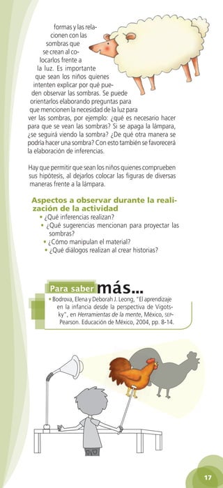 formas y las rela-
                    cionen con las
                  sombras que
                 se crean al co-
               locarlos frente a
              la luz. Es importante
             que sean los niños quienes
            intenten explicar por qué pue-
           den observar las sombras. Se puede
          orientarlos elaborando preguntas para
          que mencionen la necesidad de la luz para
         ver las sombras, por ejemplo: ¿qué es necesario hacer
         para que se vean las sombras? Si se apaga la lámpara,
         ¿se seguirá viendo la sombra? ¿De qué otra manera se
         podría hacer una sombra? Con esto también se favorecerá
         la elaboración de inferencias.

         Hay que permitir que sean los niños quienes comprueben
         sus hipótesis, al dejarlos colocar las figuras de diversas
         maneras frente a la lámpara.

           Aspectos a observar durante la reali-
           zación de la actividad
              • ¿Qué inferencias realizan?
              • ¿Qué sugerencias mencionan para proyectar las
                  sombras?
               • ¿Cómo manipulan el material?
                • ¿Qué diálogos realizan al crear historias?




                  • Bodrova, Elena y Deborah J. Leong, “El aprendizaje
                     en la infancia desde la perspectiva de Vigots-
                      ky”, en Herramientas de la mente, México, sep-
                      Pearson. Educación de México, 2004, pp. 8-14.




                                                                                    17

GUIA EDUC-PREESC-1.indd 17                                               15/06/10 10:47 a.m.
 