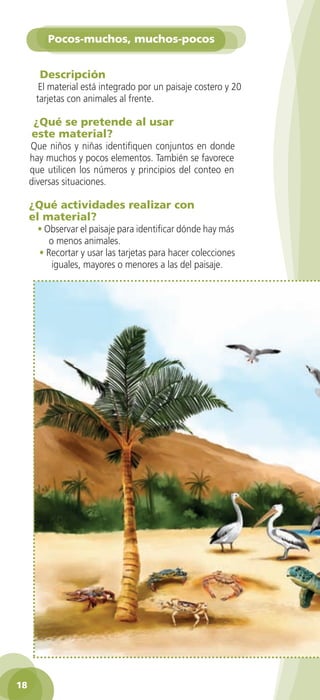 Pocos-muchos, muchos-pocos


         Descripción
         El material está integrado por un paisaje costero y 20
        tarjetas con animales al frente.

      ¿Qué se pretende al usar
      este material?
      Que niños y niñas identifiquen conjuntos en donde
      hay muchos y pocos elementos. También se favorece
      que utilicen los números y principios del conteo en
      diversas situaciones.

      ¿Qué actividades realizar con
      el material?
        • Observar el paisaje para identificar dónde hay más
           o menos animales.
        • Recortar y usar las tarjetas para hacer colecciones
            iguales, mayores o menores a las del paisaje.




 18

GUIA EDUC-PREESC-1.indd 18                                        15/06/10 10:47 a.m.
 