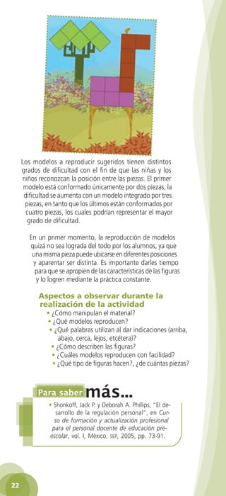 Los modelos a reproducir sugeridos tienen distintos
      grados de dificultad con el fin de que las niñas y los
      niños reconozcan la posición entre las piezas. El primer
       modelo está conformado únicamente por dos piezas, la
       dificultad se aumenta con un modelo integrado por tres
       piezas, en tanto que los últimos están conformados por
        cuatro piezas, los cuales podrían representar el mayor
        grado de dificultad.

          En un primer momento, la reproducción de modelos
          quizá no sea lograda del todo por los alumnos, ya que
           una misma pieza puede ubicarse en diferentes posiciones
           y aparentar ser distinta. Es importante darles tiempo
            para que se apropien de las características de las figuras
            y lo logren mediante la práctica constante.

              Aspectos a observar durante la
              realización de la actividad
                 • ¿Cómo manipulan el material?
                 • ¿Qué modelos reproducen?
                  • ¿Qué palabras utilizan al dar indicaciones (arriba,
                      abajo, cerca, lejos, etcétera)?
                   • ¿Cómo describen las figuras?
                   • ¿Cuáles modelos reproducen con facilidad?
                   • ¿Qué tipo de figuras hacen?, ¿de cuántas piezas?




                  • Shonkoff, Jack P. y Deborah A. Phillips, “El de-
                      sarrollo de la regulación personal”, en Cur-
                     so de formación y actualización profesional
                    para el personal docente de educación pre-
                   escolar, vol. I, México, sep, 2005, pp. 73-91.




 22

GUIA EDUC-PREESC-1.indd 22                                               15/06/10 10:48 a.m.
 