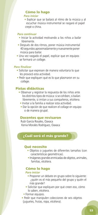 Cómo lo hago
                     Para iniciar
                      • Explicar que se bailará al ritmo de la música y al
                       escuchar música instrumental se rasgará el papel
                      crepé o china.

              Para continuar
                • Iniciar la actividad motivando a los niños a bailar
                  libremente.
               • Después de dos ritmos, poner música instrumental
                 40 segundos aproximadamente y nuevamente poner
                 música para bailar.
              • Una vez rasgado el papel, explicar que en equipos
                se formará un collage.

           Para finalizar
              • Solicitar que expresen de manera voluntaria lo que
                 les provocó esta actividad.
              • Pedir que expliquen qué es lo que plasmaron en su
                  collage.

             Pistas didácticas
                • Observar y registrar la respuesta de los niños ante
                    los distintos tipos de música: si se cohíben, si bailan
                    libremente, si imitan a sus compañeros, etcétera.
                 • Invitar a la familia a realizar esta actividad.
                  • Dar la opción de que realicen el collage en equipo
                      o de manera grupal.

                 Docentes que revisaron
                  Rubí García Rosales, Oaxaca
                  Kenia Morales Rodríguez, Oaxaca


                    ¿Cuál será el más grande?


                     Qué necesito
                         • Objetos o juguetes de diferentes tamaños (con
                            características geométricas).
                         • Imágenes grandes enmicadas de objetos, animales,
                            familias, etcétera.

                       Cómo lo hago
                       Para iniciar
                         • Proponer un debate en grupo sobre lo siguiente:
                            ¿quién es el más pequeño del grupo y quién el
                           más grande?
                       • Solicitar que expliquen por qué creen eso, cómo
                         lo saben, etcétera.
                     • Formar equipos.
                   • Pedir que manipulen colecciones de seis objetos
                    (juguetes, frutas, ropa, etcétera).

                                                                                    53

GUIA EDUC-PREESC-1.indd 53                                               15/06/10 10:48 a.m.
 