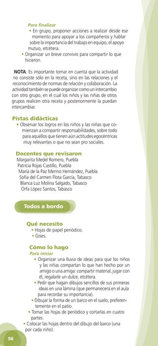 Para finalizar
              • En grupo, proponer acciones a realizar desde ese
                momento para apoyar a los compañeros y hablar
               sobre la importancia del trabajo en equipo, el apoyo
             mutuo, etcétera.
          • Organizar un breve convivio para compartir lo que
            hicieron.

      NOTA: Es importante tomar en cuenta que la actividad
     no consiste sólo en la receta, sino en las relaciones y el
     reconocimiento de normas de relación y colaboración. La
    actividad también se puede organizar como un intercambio
    con otro grupo, en el cual los niños y las niñas de otros
    grupos realicen otra receta y posteriormente la puedan
    intercambiar.

    Pistas didácticas
       • Observar los logros en los niños y las niñas que co-
          mienzan a compartir responsabilidades, sobre todo
          para aquellos que tienen aún actitudes egocéntricas
          muy relevantes o que no sean pro sociales.

      Docentes que revisaron
       Margarita Medel Romero, Puebla
       Patricia Rojas Castillo, Puebla
       María de la Paz Merino Hernández, Puebla
        Sofía del Carmen Flota García, Tabasco
        Blanca Luz Molina Salgado, Tabasco
         Orfa López Santos, Tabasco


            Todos a bordo


             Qué necesito
                • Hojas de papel periódico.
                • Gises.

               Cómo lo hago
               Para iniciar
                 • Organizar una lluvia de ideas para que los niños
                     y las niñas compartan lo que han hecho por un
                     amigo o una amiga: compartir material, jugar con
                     él, regalarle un dulce, etcétera.
                 • Pedir que hagan dibujos sencillos de sus primeras
                    ideas en una lámina (que permanecerá en el aula
                    para recordar su importancia).
                • Dibujar la forma de un barco en el suelo, preferen-
                  temente en el patio.
              • Tomar las hojas de periódico y cortarlas en cuatro
               partes.
           • Colocar las hojas dentro del dibujo del barco (una
            por cada niño).
 56

GUIA EDUC-PREESC-1.indd 56                                            15/06/10 10:48 a.m.
 