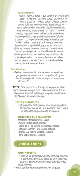 Para continuar
                   • Jugar “Todos a bordo”, que consiste en simular que
                     están “nadando” cerca del barco. Los niños y las
                    niñas, al escuchar “¡Todos a bordo!”, deben pararse
                   dentro del barco (sobre una hoja de periódico). Nin-
                  guno debe quedar “nadando”. Quien haya gritado
                 anteriormente, ahora gritará “¡A nadar!”. Nueva-
                mente, “nadarán” cerca del barco. Se quitará una
                hoja de periódico y se gritará nuevamente “¡Todos
               a bordo!”. Lo importante del juego es que los que
               “nadan” deben pararse en el barco y si no caben
              deben recibir la ayuda de los que están “a bordo”.
              Quienes no quepan en el barco se convertirán en
              “peces” y ya no podrán subirse al barco. Se repeti-
              rán los pasos hasta que quede el menor número de
              hojas de periódico. Los niños y las niñas se deben
              ayudar para no caer del “barco” tomándose de las
               manos, abrazándose, etcétera.

          Para finalizar
             • Pedirles que comenten sus experiencias en el jue-
                go: ¿cómo ayudaron a sus compañeros?, ¿qué
                hubiéramos podido hacer para que no se cayeran
                 del “barco”?

             NOTA: Para favorecer el trabajo en equipo se debe
             hacer hincapié en que todos debemos ayudar. Como
              alternativa, se podrá indicar que si alguien queda fuera
               del “barco”, se convertirá en pez.

                Pistas didácticas
                   • Observar las estrategias que utilizan para ayudarse.
                   • Reflexionar acerca de qué podemos hacer para
                      ayudar a los amigos cuando se requiere.

                   Docentes que revisaron
                   Margarita Medel Romero, Puebla
                   Patricia Rojas Castillo, Puebla
                   María de la Paz Merino Hernández, Puebla
                   Sofía del Carmen Flota García, Tabasco
                    Blanca Luz Molina Salgado, Tabasco
                    Orfa López Santos, Tabasco


                     A mí sí, a mí no


                   Qué necesito
                   • Tarjetas de alimentos, lugares, animales extraños
                     o cotidianos, películas, obras de arte, juguetes,
                   etcétera, de un tamaño adecuado para que todos
                  puedan verlas.
              • Hojas con formato (caras) de gusto y disgusto.
                                                                                 57

GUIA EDUC-PREESC-1.indd 57                                            15/06/10 10:48 a.m.
 