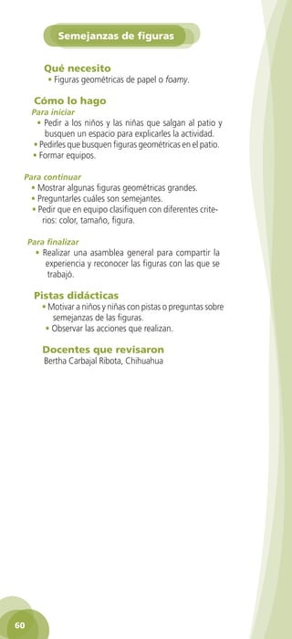 Semejanzas de figuras


            Qué necesito
             • Figuras geométricas de papel o foamy.

        Cómo lo hago
       Para iniciar
         • Pedir a los niños y las niñas que salgan al patio y
           busquen un espacio para explicarles la actividad.
        • Pedirles que busquen figuras geométricas en el patio.
        • Formar equipos.

     Para continuar
       • Mostrar algunas figuras geométricas grandes.
       • Preguntarles cuáles son semejantes.
       • Pedir que en equipo clasifiquen con diferentes crite-
          rios: color, tamaño, figura.

      Para finalizar
         • Realizar una asamblea general para compartir la
            experiencia y reconocer las figuras con las que se
            trabajó.

        Pistas didácticas
           • Motivar a niños y niñas con pistas o preguntas sobre
              semejanzas de las figuras.
            • Observar las acciones que realizan.

           Docentes que revisaron
            Bertha Carbajal Ribota, Chihuahua




 60

GUIA EDUC-PREESC-1.indd 60                                          15/06/10 10:48 a.m.
 