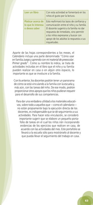Leer un libro        Con esta actividad se fomentará en los
                                            niños el gusto por la lectura.

                       Platicar acerca de   Esto reafirmará los lazos de confianza y
                       lo que le interesa   comunicación entre el niño y su familia.
                       o desea saber        El docente sugerirá a la familia no dar
                                            respuesta de inmediato, sino permitir
                                            a los niños expresarse y buscar con
                                            apoyo de los adultos la respuesta a sus
                                            inquietudes.


          Aparte de las hojas correspondientes a los meses, el
          Calendario incluye una parte denominada “Cómo usar
          en familia Juego y aprendo con mi material de preescolar.
          Primer grado”. Como su nombre lo indica, se trata de
          actividades incluidas en el libro que el niño y su familia
          pueden realizar en casa o en algún otro espacio, lo
          importante es que se involucre a la familia.

           Con lo anterior, los docentes podrán tener un panorama
           de cómo se está vinculando a la familia con la escuela y,
           más aún, con las tareas del niño. De ese modo, podrán
            proporcionar otros apoyos que los niños pudieran requerir
            para el desarrollo de sus competencias.

              Para dar una verdadera utilidad a los materiales educati-
              vos, sobre todo a aquellos que —como el calendario—
               no están propiamente bajo la ejecución directa de los
               docentes, es indispensable que se dé seguimiento a sus
                actividades. Para hacer esta vinculación, se consideró
                 importante sugerir que se elabore un pequeño porta-
                  folio de tareas en el cual los niños irán incorporando
                   evidencias de los ejercicios que realicen en casa, de
                   acuerdo con las actividades del mes. Este portafolio se
                    llevará a la escuela sólo para mostrárselo al docente y
                    que pueda llevar el seguimiento del trabajo en casa.




                                                                                    63

GUIA EDUC-PREESC-1.indd 63                                               15/06/10 10:48 a.m.
 