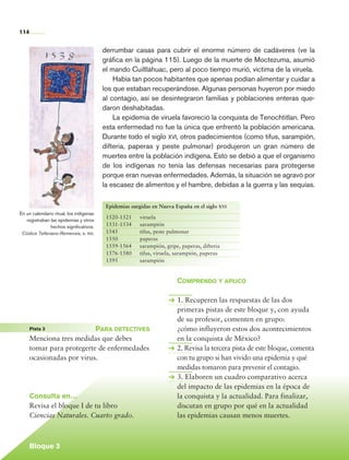 114


                                                    derrumbar casas para cubrir el enorme número de cadáveres (ve la
                                                    gráfica en la página 115). Luego de la muerte de Moctezuma, asumió
                                                    el mando Cuiltláhuac, pero al poco tiempo murió, víctima de la viruela.
                                                        Había tan pocos habitantes que apenas podían alimentar y cuidar a
                                                    los que estaban recuperándose. Algunas personas huyeron por miedo
                                                    al contagio, así se desintegraron familias y poblaciones enteras que-
                                                    daron deshabitadas.
                                                        La epidemia de viruela favoreció la conquista de Tenochtitlan. Pero
                                                    esta enfermedad no fue la única que enfrentó la población americana.
                                                    Durante todo el siglo xvi, otros padecimientos (como tifus, sarampión,
                                                    difteria, paperas y peste pulmonar) produjeron un gran número de
                                                    muertes entre la población indígena. Esto se debió a que el organismo
                                                    de los indígenas no tenía las defensas necesarias para protegerse
                                                    porque eran nuevas enfermedades. Además, la situación se agravó por
                                                    la escasez de alimentos y el hambre, debidas a la guerra y las sequías.

                                                    	 Epidemias surgidas en Nueva España en el siglo xvi
           En un calendario ritual, los indígenas
                                                    	   1520-1521	   viruela
              registraban las epidemias y otros
                          hechos significativos.    	   1531-1534	   sarampión
            Códice Telleriano-Remensis, s. xvi.     	   1545	        tifus, peste pulmonar
                                                    	   1550	        paperas
                                                    	   1559-1564	   sarampión, gripe, paperas, difteria
                                                    	   1576-1580	   tifus, viruela, sarampión, paperas
                                                    	   1595	        sarampión


                                                                                     Comprendo y aplico

                                                                                     1. Recuperen las respuestas de las dos
                                                                                     primeras pistas de este bloque y, con ayuda
                                                                                     de su profesor, comenten en grupo:
	                Pista 3 	            Para detectives                                ¿cómo influyeron estos dos acontecimientos
                 Menciona tres medidas que debes                                     en la conquista de México?
                 tomar para protegerte de enfermedades                               2. Revisa la tercera pista de este bloque, comenta
                 ocasionadas por virus.                                              con tu grupo si han vivido una epidemia y qué
                                                                                     medidas tomaron para prevenir el contagio.
                                                                                     3. Elaboren un cuadro comparativo acerca
                                                                                     del impacto de las epidemias en la época de
                 Consulta en…                                                        la conquista y la actualidad. Para finalizar,
                 Revisa el bloque I de tu libro                                      discutan en grupo por qué en la actualidad
                 Ciencias Naturales. Cuarto grado.                                   las epidemias causan menos muertes.



                 Bloque 3

    Historia 4o.indb 114                                                                                                                  06/04/11 11:55
 
