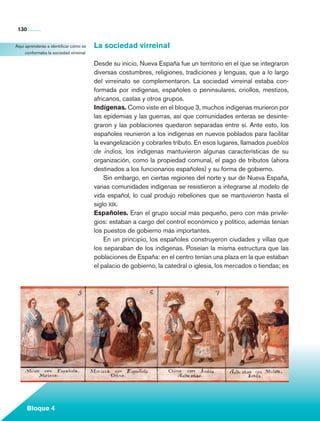 130


      Aquí aprenderás a identificar cómo se    La sociedad virreinal
           conformaba la sociedad virreinal.

                                               Desde su inicio, Nueva España fue un territorio en el que se integraron
                                               diversas costumbres, religiones, tradiciones y lenguas, que a lo largo
                                               del virreinato se complementaron. La sociedad virreinal estaba con-
                                               formada por indígenas, españoles o peninsulares, criollos, mestizos,
                                               africanos, castas y otros grupos.
                                               Indígenas. Como viste en el bloque 3, muchos indígenas murieron por
                                               las epidemias y las guerras, así que comunidades enteras se desinte-
                                               graron y las poblaciones quedaron separadas entre sí. Ante esto, los
                                               españoles reunieron a los indígenas en nuevos poblados para facilitar
                                               la evangelización y cobrarles tributo. En esos lugares, llamados pueblos
                                               de indios, los indígenas mantuvieron algunas características de su
                                               organización, como la propiedad comunal, el pago de tributos (ahora
                                               destinados a los funcionarios españoles) y su forma de gobierno.
                                                   Sin embargo, en ciertas regiones del norte y sur de Nueva España,
                                               varias comunidades indígenas se resistieron a integrarse al mo­ elo de
                                                                                                                 d
                                               vida español, lo cual produjo rebeliones que se mantuvieron hasta el
                                               siglo xix.
                                               Españoles. Eran el grupo social más pequeño, pero con más privile-
                                               gios: estaban a cargo del control económico y político, además tenían
                                               los puestos de gobierno más importantes.
                                                   En un principio, los españoles construyeron ciudades y villas que
                                               los separaban de los indígenas. Poseían la misma estructura que las
                                               poblaciones de España: en el centro tenían una plaza en la que estaban
                                               el palacio de gobierno, la catedral o iglesia, los mercados o tiendas; es




             Bloque 4

Historia 4o.indb 130                                                                                                       06/04/11 11:56
 