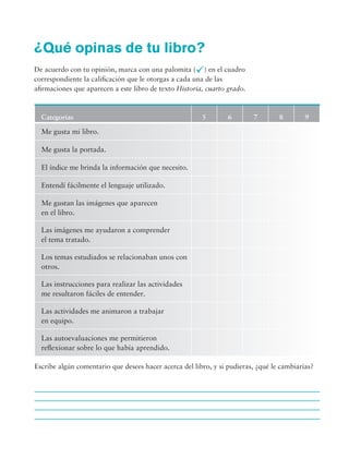 ¿Qué opinas de tu libro?
                De acuerdo con tu opinión, marca con una palomita () en el cuadro
                correspondiente la calificación que le otorgas a cada una de las
                afirmaciones que aparecen a este libro de texto Historia, cuarto grado.



                       Categorías                                         5      6        7       8        9

                       Me gusta mi libro.

                       Me gusta la portada.

                       El índice me brinda la información que necesito.

                       Entendí fácilmente el lenguaje utilizado.

                       Me gustan las imágenes que aparecen
                       en el libro.

                       Las imágenes me ayudaron a comprender
                       el tema tratado.

                       Los temas estudiados se relacionaban unos con
                       otros.

                       Las instrucciones para realizar las actividades
                       me resultaron fáciles de entender.

                       Las actividades me animaron a trabajar
                       en equipo.

                       Las autoevaluaciones me permitieron
                       reflexionar sobre lo que había aprendido.

                Escribe algún comentario que desees hacer acerca del libro, y si pudieras, ¿qué le cambiarías?




Historia 4o.indb 191                                                                                             06/04/11 11:58
 