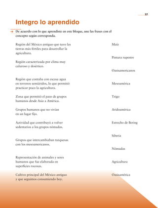 37


                Integro lo aprendido
                De acuerdo con lo que aprendiste en este bloque, une las frases con el
                concepto según corresponda.						

                Región del México antiguo que tuvo las                                   Maíz
                tierras más fértiles para desarrollar la
                agricultura.
                                                                                         Pintura rupestre
                Región caracterizada por clima muy
                caluroso y desértico.
                                                                                         Oasisamericanos

                Región que contaba con escasa agua
                en terrenos semiáridos, lo que permitió                                  Mesoamérica
                practicar poco la agricultura.

                Zona que permitió el paso de grupos                                      Trigo
                humanos desde Asia a América.

                Grupos humanos que no vivían                                             Aridoamérica
                en un lugar fijo.

                Actividad que contribuyó a volver                                        Estrecho de Bering
                sedentarios a los grupos nómadas.

                                                                                         Siberia
                Grupos que intercambiaban turquesas	
                con los mesoamericanos.
                                                                                         Nómadas

                Representación de animales y seres
                humanos que fue elaborada en                                             Agricultura
                superficies rocosas.

                Cultivo principal del México antiguo                                     Oasisamérica
                y que seguimos consumiendo hoy.




Historia 4o.indb 37                                                                                           06/04/11 11:52
 