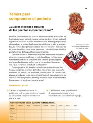 49


                Temas para
                comprender el periodo

                ¿Cuál es el legado cultural
                de los pueblos mesoamericanos?

                Diversas creaciones de las culturas mesoamericanas, aún existen en
                la actualidad y son parte de nuestra cultura; es decir, forman parte del
                legado cultural de los pueblos mesoamericanos. Este legado podemos
                observarlo en la música, la alimentación, el idioma, el arte, la arquitec-                     El quechquemitl otomí
                tura, las formas de organización social, los conocimientos médicos, las                es muy vistoso. Éste fue hecho
                                                                                                             en el estado de Puebla.
                técnicas de cultivo, todos estos elementos culturales fueron influidos
                por la herencia de los pueblos mesoamericanos.
                    Quizá la influencia mesoamericana más visible está en nuestra
                dieta, con el consumo del maíz, el chile, la calabaza y el frijol, segu-
                ramente has probado el chocolate, pero ¿sabías que se prepara
                con la semilla del cacao molido, que se consumía en Mesoamé-
                rica y que su nombre en náhuatl es chocolatl?
                    Otros ejemplos del legado cultural mesoamericano son las
                lenguas indígenas, el empleo de hierbas medicinales para curar enfer-
                medades, las formas, los materiales y las técnicas de construcción,
                algunas prendas de vestir, como el quechquemitl, que actualmente se
                usa en la huasteca potosina, Puebla y Veracruz, todos estos elementos
                forman parte de la cultura mexicana actual.

                Comprendo y aplico

                1. Copia el siguiente cuadro en tu                      2. Reflexionen sobre qué elementos
                cuaderno y cada vez que termines el estudio             de su comunidad son de origen
                de una cultura, integra la información                  mesoamericano y discútanlo en el grupo.
                que se te pide.

                  Rasgos comunes de las culturas de Mesoamérica
                  Cultura     Olmeca   Maya   Teotihuacana   Zapoteca     Mixteca   Tolteca   Mexica       Otra

                  Ámbitos

                  Cultural

                  Económico

                  Social

                  Político



Historia 4o.indb 49                                                                                                            06/04/11 11:53
 