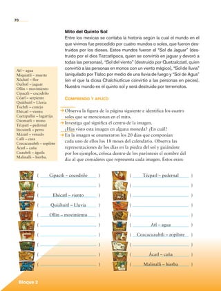 70


                                       Mito del Quinto Sol
                                       Entre los mexicas se contaba la historia según la cual el mundo en el
                                       que vivimos fue precedido por cuatro mundos o soles, que fueron des-
                                       truidos por los dioses. Estos mundos fueron el “Sol de Jaguar” (des-
                                       truido por el dios Tezcatlipoca, quien se convirtió en jaguar y devoró a
                                       todas las personas), “Sol del viento” (destruido por Quetzalcóatl, quien
           Atl – agua
                                       convirtió a las personas en monos con un viento mágico), “Sol de lluvia”
           Miquiztli – muerte          (aniquilado por Tláloc por medio de una lluvia de fuego y “Sol de Agua”
           Xóchitl – flor              (en el que la diosa Chalchiutlicue convirtió a las personas en peces).
           Océlotl – jaguar
           Ollin – movimiento
                                       Nuestro mundo es el quinto sol y será destruido por terremotos.
           Cipactli – cocodrilo
           Cóatl – serpiente           Comprendo y aplico
           Quiáhuitl – Lluvia
           Tochtli – conejo
           Ehécatl – viento            Observa la figura de la página siguiente e identifica los cuatro
           Cuetzpallin – lagartija     soles que se mencionan en el mito.
           Ozomatli – mono
           Técpatl – pedernal
                                       Investiga qué significa el centro de la imagen.
           Itzcuintli – perro          ¿Has visto esta imagen en alguna moneda? ¿En cuál?
           Mázatl – venado             En la imagen se enumeraron los 20 días que componían
           Calli – casa
           Cozcacuauhtli – zopilote
                                       cada uno de ellos los 18 meses del calendario. Observa las
           Ácatl – caña                representaciones de los días en la piedra del sol y guiándote
           Cuauhtli – águila           por los ejemplos, coloca dentro de los paréntesis el nombre del
           Malinalli – hierba.
                                       día al que consideres que representa cada imagen. Éstos eran:


                       (	      Cipactli – cocodrilo	     )               (	      Técpatl – pedernal	       )

                       (	                              	)                (	                               	)

                       (	        Ehécatl – viento	       )               (	                               	)

                       (	       Quiáhuitl – Lluvia	      )               (	                               	)

                       (	      Ollin – movimiento	       )               (	                               	)

                       (	                              	)                (	          Atl – agua	           )

                       (	                              	)                (	   Cozcacuauhtli – zopilote	    )

                       (	                              	)                (	                               	)

                       (	                              	)                (	         Ácatl – caña	          )

                       (	                              	)                (	      Malinalli – hierba	       )



             Bloque 2

Historia 4o.indb 70                                                                                               06/04/11 11:53
 