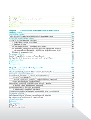Temas para reflexionar	                                                     112
                Las múltiples alianzas contra el dominio mexica	                            112
                Las epidemias		                                                             113
                Integro lo aprendido	                                                       115
                Evaluación			                                                               116
                Autoevaluación	                                                             117

                Bloque 4		 La formación de una nueva sociedad: el virreinato
                de Nueva España	                                                            119
                Panorama del periodo	                                                       124
                Ubicación temporal y espacial del virreinato de Nueva España	               124
                Temas para comprender el periodo	                                           126
                ¿Cómo se dio el proceso de mestizaje?	                                      126
                	 La organización política: el virreinato	                                  127
                	 La sociedad virreinal	                                                    130
                	 Las diferencias sociales y políticas en el virreinato	                    134
                	 Las actividades económicas: agricultura, minería, ganadería y comercio	   136
                		 Agricultura [136], Ganadería [139] Minería [140], Comercio [141]
                	 El legado de la época virreinal	                                          144
                Temas para reflexionar	                                                     146
                La vida de la población africana en Nueva España	                           146
                Las leyendas de la época como un reflejo de la vida cotidiana	              148
                Integro lo aprendido	                                                       149
                Evaluación			                                                               150
                Autoevaluación	                                                             151

                Bloque 5		 El camino a la independencia	                                    153
                Panorama del periodo	                                                       158
                Ubicación temporal y espacial del movimiento de independencia	              158
                Temas para comprender el periodo	                                           160
                ¿Qué factores propiciaron el proceso de independencia?	                     160
                	 Causas de la independencia	                                               160
                	 La invasión napoleónica a España y las propuestas de autonomía	           161
                	 El golpe de Estado y las conspiraciones	                                  162
                El inicio de la guerra y la participación de Hidalgo y Allende 	            166
                	 Los realistas contra el movimiento insurgente	                            170
                El pensamiento social y político de Morelos	                                172
                	 Las guerrillas en la resistencia insurgente	                              175
                El movimiento liberal en España y la consumación de la independencia	       177
                Temas para reflexionar	                                                     181
                La independencia y el inicio de una sociedad más igualitaria	               181
                Las mujeres en el movimiento de independencia	                              182
                Integro lo aprendido	                                                       185
                Evaluación			                                                               186
                Autoevaluación	                                                             187
                Bibliografía			                                                             188
                Créditos iconográficos	                                                     189




Historia 4o.indb 7                                                                                06/04/11 11:51
 