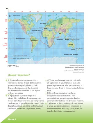 92
           ( )               160°             120°             80°             40°             0°                 40°          80°                120°                160°



          80°              Océano Ártico
                    N
      Círculo
       Polar
       Ártico


                                                                                      Gran Bretaña
                                                 Norteamérica                                                                   Asia
                                                                                                    Europa


          40°
                                                                                     Portugal España

                                                                      Océano Atlántico                   Egipto                             China
      Trópico
           de
                                                               Antillas
      Cáncer                                                                                                                India                Filipinas
                                                                                                África
                                                                                                                                           Islas de las especias
     Ecuador
                                    Océano Pacífico
                                                                                                                        Océano Índico     Indonesia Papúa Nueva Guinea
                                                                     Sudamérica

     Trópico
           de                                                                                                                                       Australia
  Capricornio



          40°
                                                                                                                                                         Tasmania Nueva Zelanda




                                                                                                                                        Océano Glacial Antártico
      Círculo
       Polar
                           Ruta de Bartolomé Díaz (1487)
    Antártico
                           Ruta de Vasco de Gama (1497-1498)


          80°




                                                                                                                                                  Las rutas de exploración de
                0	 1000	            5000 km
                                                                                                                                           Bartolomé Díaz y Vasco de Gama.
                                                                                                                                                                 Elaborado con base en:
                                                                                                                                        José-Ramón Juliá, Atlas de historia universal, T. i,
                                                                                                                                                               Barcelona, Planeta, 2000.


                ¿Cuándo y dónde pasó?

                1. Observa los tres mapas anteriores                                                 a) Traza una línea con tu regla y divídela
                y reflexiona acerca de cuál de los sucesos                                           en segmentos de igual tamaño; cada uno
                que representan pasó primero y cuál                                                  puede representar un año, para que toda la
                después. Enseguida, escribe dentro de                                                línea abarque desde el primer hasta el último
                los paréntesis los números 1, 2 o 3 para                                             viaje.
                ordenar los mapas.                                                                   b) En orden cronológico, escribe en
                2. Apóyate en el primer mapa de la                                                   el segmento adecuado la fecha y el
                página 91 y en la línea de tiempo de este                                            acontecimiento que corresponda. Puedes
                bloque para hacer una línea del tiempo en tu                                         complementar tu línea con dibujos o recortes.
                cuaderno, en la que ubiques los cuatro viajes                                        3. Observa la línea de tiempo de este bloque
                de exploración de Cristóbal Colón hacia el                                           y ubica qué acontecimientos ocurrieron al
                continente americano. Sigue estos pasos:                                             mismo tiempo en México y otras partes del
                                                                                                     mundo. Escríbelos en tu cuaderno.



                Bloque 3

Historia 4o.indb 92                                                                                                                                                                            06/04/11 11:54
 