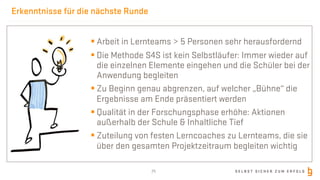S E L B S T S I C H E R Z U M E R F O L G
Erkenntnisse für die nächste Runde
25
§ Arbeit in Lernteams > 5 Personen sehr herausfordernd
§ Die Methode S4S ist kein Selbstläufer: Immer wieder auf
die einzelnen Elemente eingehen und die Schüler bei der
Anwendung begleiten
§ Zu Beginn genau abgrenzen, auf welcher „Bühne“ die
Ergebnisse am Ende präsentiert werden
§ Qualität in der Forschungsphase erhöhe: Aktionen
außerhalb der Schule & Inhaltliche Tief
§ Zuteilung von festen Lerncoaches zu Lernteams, die sie
über den gesamten Projektzeitraum begleiten wichtig
 