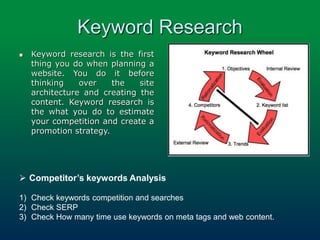 Keyword Research
 Keyword research is the first
thing you do when planning a
website. You do it before
thinking over the site
architecture and creating the
content. Keyword research is
the what you do to estimate
your competition and create a
promotion strategy.
 Competitor’s keywords Analysis
1) Check keywords competition and searches
2) Check SERP
3) Check How many time use keywords on meta tags and web content.
 