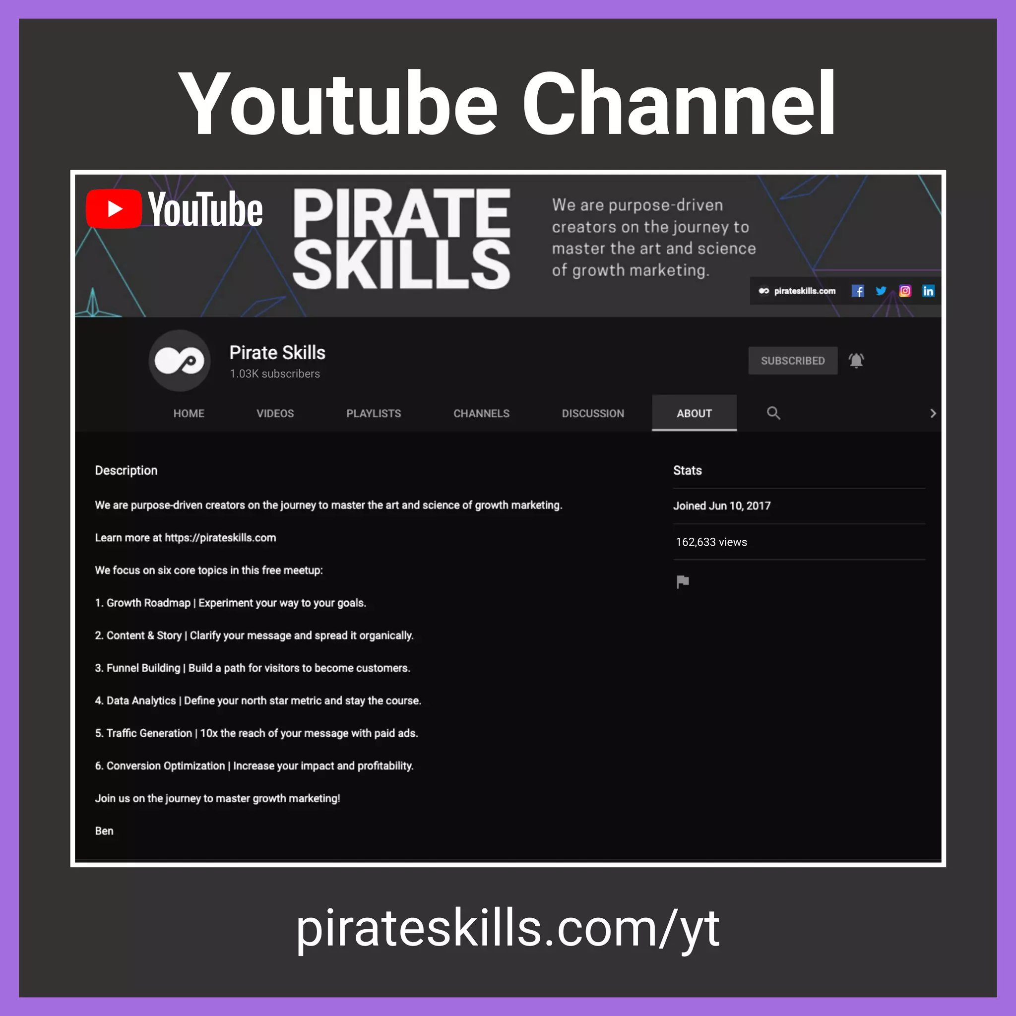 Youtube Channel
pirateskills.com/yt
1.03K subscribers
162,633 views
 