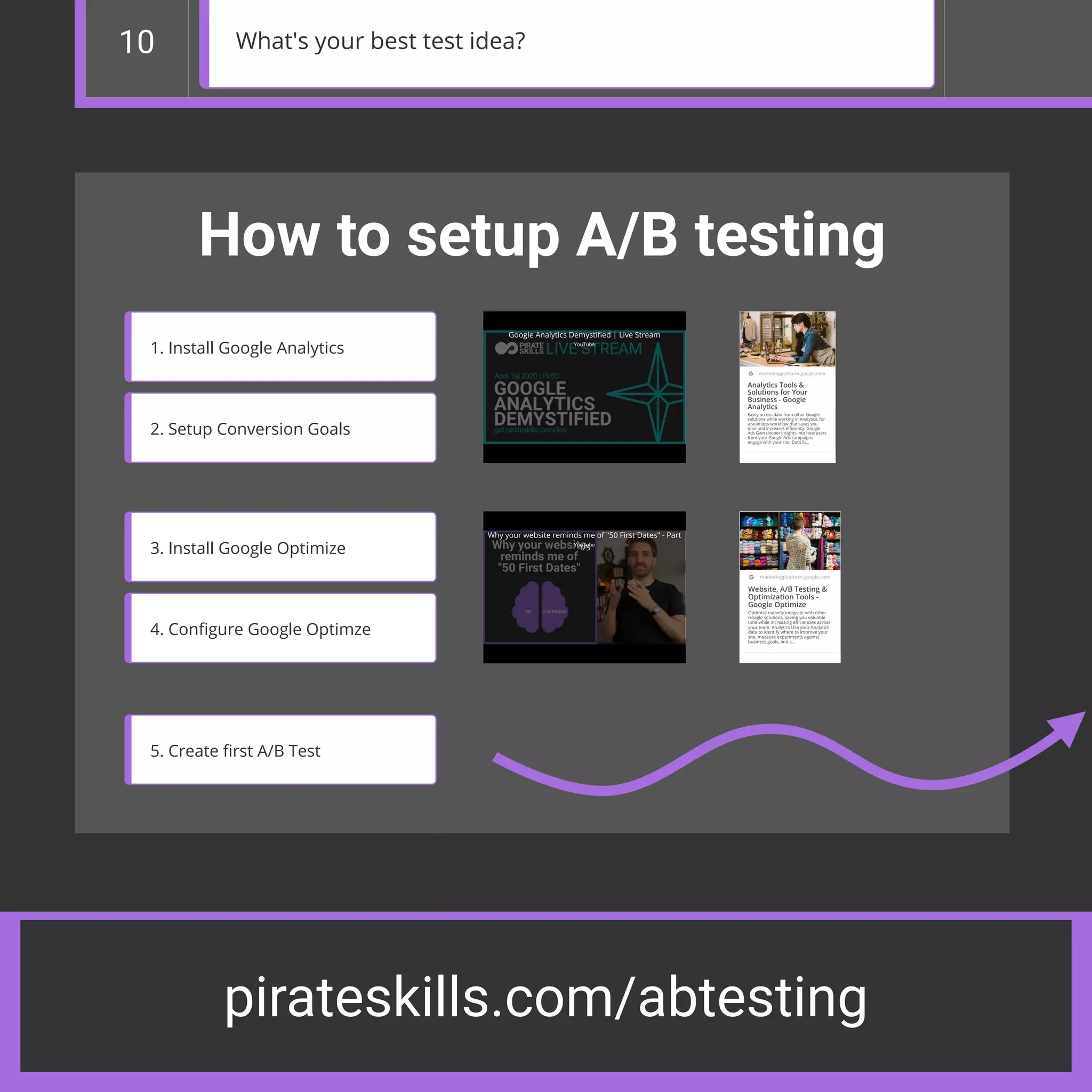 pirateskills.com/abtesting
10 What's your best test idea?
How to setup A/B testing
1. Install Google Analytics
2. Setup Conversion Goals
3. Install Google Optimize
4. Conﬁgure Google Optimze
5. Create ﬁrst A/B Test
marketingplatform.google.com
Analytics Tools &
Solutions for Your
Business - Google
Analytics
Easily access data from other Google
solutions while working in Analytics, for
a seamless workﬂow that saves you
time and increases eﬃciency. Google
Ads Gain deeper insights into how users
from your Google Ads campaigns
engage with your site. Data St…
marketingplatform.google.com
Website, A/B Testing &
Optimization Tools -
Google Optimize
Optimize natively integrate with other
Google solutions, saving you valuable
time while increasing eﬃciencies across
your team. Analytics Use your Analytics
data to identify where to improve your
site, measure experiments against
business goals, and s…
Why your website reminds me of "50 First Dates" - Part
1/5
YouTube
Google Analytics Demystiﬁed | Live Stream
YouTube
 