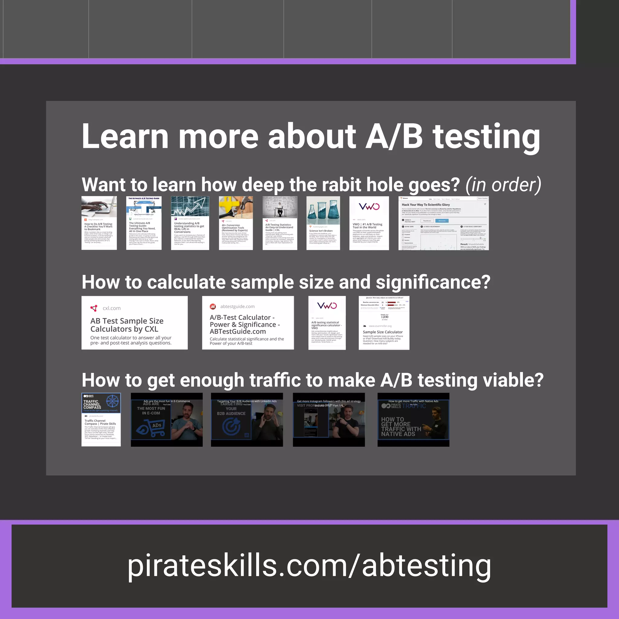 pirateskills.com/abtesting
blog.hubspot.com
How to Do A/B Testing:
A Checklist You'll Want
to Bookmark
When marketers like us create landing
pages, write email copy, or design call-
to-action buttons, it can be tempting to
use our intuition to predict what will
make people click and convert. But
basing marketing decisions oﬀ of a
"feeling" can be pretty …
abtestguide.com
A/B-Test Calculator -
Power & Signiﬁcance -
ABTestGuide.com
Calculate statistical signiﬁcance and the
Power of your A/B-test
vwo.com
VWO | #1 A/B Testing
Tool in the World
Thousands of brands across the globe
use VWO as their experimentation
platform to run A/B tests on their
websites, apps and products. Import
and aggregate all metrics you care
about and measure how they get
impacted by your experiments.
cxl.com
40+ Conversion
Optimization Tools
(Reviewed by Experts)
Men have become the tools of their
tools. Henry David Thoreau AB Tasty is
another testing tool designed for the
masses, this one hailing from France.
They oﬀer client-side, bayesian-based
A/B testing along with full factorial
multivariate testing -the …
cxl.com
AB Test Sample Size
Calculators by CXL
One test calculator to answer all your
pre- and post-test analysis questions.
vwo.com
A/B testing statistical
signiﬁcance calculator -
VWO
Get comprehensive insights about
testing, optimization, UX, design, and
more. Are your results signiﬁcant? Learn
more about how to research A/B testing
ideas and create winning tests through
our detailed guide. Deliver great
experiences. Grow faster, s…
www.evanmiller.org
Sample Size Calculator
Need A/B sample sizes on your iPhone
or iPad? Download A/B Buddy today.
Question: How many subjects are
needed for an A/B test?
cxl.com
A/B Testing Statistics:
An Easy-to-Understand
Guide | CXL
Testing tools are getting more
sophisticated. Blogs are brimming with
"inspiring" case studies.
Experimentation is becoming more and
more common for marketers. Statistical
know-how, however, lags behind. This
post is ﬁlled with clear explanations of
A/…
www.optimizesmart.com
Understanding A/B
testing statistics to get
REAL Lift in
Conversions
If you want to increase your chances of
getting a real lift through A/B tests then
you need to understand the statistics
behind it. If you don’t like learning
statistics then I am afraid A/B testing is
not for you.
ﬁvethirtyeight.com
Science Isn't Broken
If you follow the headlines, your
conﬁdence in science may have taken a
hit lately. Peer review? More like self-
review. An investigation in November
uncovered a scam in which researchers
were rubber-stamping their own work,
circumventing peer review at…
conversionsciences.com
The Ultimate A/B
Testing Guide:
Everything You Need,
All In One Place
Welcome to the ultimate A/B testing
guide! In this post, I'm going to cover
everything you need to know about A/B
testing (also referred to as "split"
testing), from start to ﬁnish. Here's what
we'll cover: By the end of this guide,
you'll have a thoro…
Learn more about A/B testing
Want to learn how deep the rabit hole goes? (in order)
How to calculate sample size and signiﬁcance?
How to get enough traﬃc to make A/B testing viable?
pirateskills.com
Traﬃc Channel
Compass | Pirate Skills
The Traﬃc Channel Compass will give
you an overview of the most eﬀective
growth marketing channels and help
you focus on the right ones. Should
focus scarce resources on Facebook,
SEO, Newsletter,... or maybe even
TikTok? Deciding on your most import…
Ads are the most fun In E-Commerce
YouTube
Targeting Your B2B Audience with LinkedIn Ads
YouTube
Get more Instagram followers with this ad strategy
(mobile only) - Part 1/6
YouTube
How to get more Traﬃc with Native Ads
YouTube
 