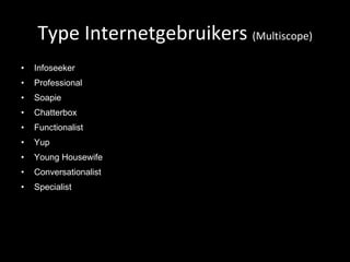 Type Internetgebruikers  (Multiscope) Infoseeker Professional Soapie Chatterbox Functionalist Yup Young Housewife Conversationalist Specialist 