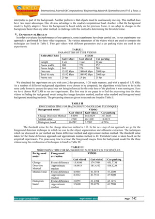 International Journal Of Computational Engineering Research (ijceronline.com) Vol. 2 Issue. 5



interpreted as part of the background. Another problem is that objects must be continuously moving. This method does
have two major advantages. One obvious advantage is the modest computational load. Another is that the background
model is highly adaptive. Since the background is based solely on the previous frame, it can adapt to changes in the
background faster than any other method. A challenge with this method is determining the threshold value.

V. EXPERIMENTAL RESULTS
  In order to evaluate the performance of our approach, some experiments have been carried out. In our experiments our
approach is performed for three video sequences. The various parameters of the videos which are used to compare the
techniques are listed in Table I. Two gait videos with different parameters and a car parking video are used in our
experiments.
                                                      TABLE I
                                          PARAMETERS OF TEST VIDEOS
                          PARAMETRES                              VIDEO
                                             Gait video1     Gait video2 Car parking
                          Length             2 sec           3 sec         20 sec
                          Frame width        180             720           352
                          Frame height       144             576           288
                          Data rate          15552 kbps      248868 kbps 200 kbps
                          Total bit rate     15552 kbps      248932 kbps 200 kbps
                          Frame rate         25 fps          25 fps        25 fps
  We simulated the experiment on a pc with core 2 duo processor, 1 GB main memory, and with a speed of 1.73 GHz.
As a number of different background algorithms were chosen to be compared; the algorithms would have to be in the
same code format to ensure the speed was not being influenced by the code base of the platform it was running on. Here
we have chosen MATLAB to run our experiments. The first step in our paper is to find the processing time for three
videos in finding the background model using the change detection method, median value method and histogram based
background modeling methods. The processing times are given in seconds are listed in Table II.

                                                TABLE II
                      PROCESSING TIME FOR BACKGROUND MODELING TECHNIQUES
                      Background model                       VIDEO
                                              Gait video1 Gait video2 Car parking
                      Change Detection Method 13.9098     161.6029    367.4683
                      Median value            1.2720      26.1600     11.0673
                      Histogram based         0.4282      3.7902      4.7036
         The threshold value for the change detection method is 156. In the next step of our approach we go for the
foreground detection technique in which we can do the object segmentation and silhouette extraction. The techniques
which we discussed in our method are frame difference method and approximate median method. The threshold value
taken for the frame difference approach and approximate median method is 40. Threshold value is taken based on the
empirical experiments. The processing time to extract the foreground images from the background model for the three
videos using the combination of techniques is listed in Table III.
                                               TABLE III
                     PROCESSING TIME FOR BACKGROUND SUBTRACTION TECHNIQUES
                 Background   Foreground                    VIDEO
                 model        extraction
                                                Gait video1   Gait video2 Car parking
                 Change       Frame difference  13.8100       174.7984    431.7731
                 Detection    Approximate       14.0418       181.4313    438.1234
                 Method       median
                 Median value Frame difference  4.5001        41.3078     47.2300
                              Approximate       4.3612        41.7556     47.9200
                              median
                 Histogram    Frame difference  3.8555        21.1704     43.1276
                 based        Approximate       3.9600        20.6270     41.7200
                              median



Issn 2250-3005(online)                                       September| 2012                           Page 1342
 
