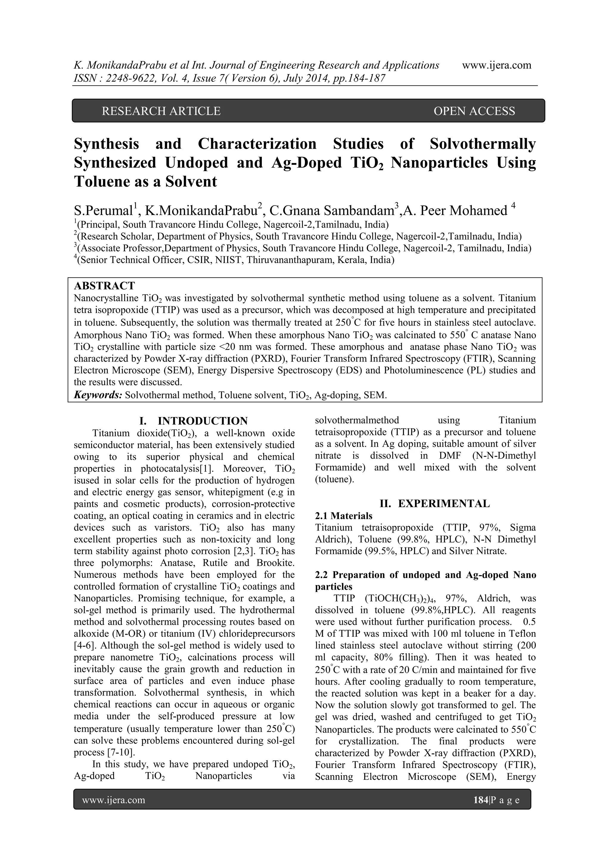 Synthesis and Characterization Studies of Solvothermally Synthesized ...