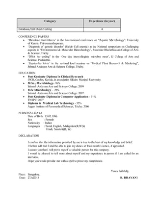 Category Experience (in year)
Database/EditCheckTesting 4
CONFERENCE PAPERS
 ‘Microbial Biofertilizers’ in the International conference on “Aquatic Microbiology”, University
of Kerala, Thiruvananthapuram.
 ‘Diagnosis of genetic disorder’ (Sickle Cell anemia) in the National symposium on Challenging
aspects in “Environmental & Molecular Biotechnology”, Pavendar Bharathidasan College of Arts
& Science, Trichy.
 “DNA bar coding” in the ‘One day intercollegiate microbes meet’, JJ College of Arts and
Science, Pudukottai.
 ‘Euphorbia hirta’ in the national level seminar on “Medical Plant Research & Marketing”,
Srimad Andavan Arts & Science College, Trichy.
EDUCATION
 Post Graduate Diploma In Clinical Research
IFCR, Cochin, Kerala, in association Sikkim Manipal University
 M.Sc., Microbiology- 76%
Srimad Andavan Arts and Science College: 2009
 B.Sc Microbiology – 70%
Srimad Andavan Arts and Science College: 2007
 Post Graduate Diploma in Computer Application - 91%
TNSPC: 2007
 Diploma in Medical Lab Technology - 55%
Apgar Institute of Paramedical Sciences, Trichy: 2006
PERSONAL DATA
Date of Birth : 13.05.1986
Sex : Female
Nationality : Indian
Languages : Tamil, English, Malayalam(R,W,S)
Hindi, Sanskrit(R, W)
DECLARATION
I confirm that the information provided by me is true to the best of my knowledge and belief.
I further add that I shall be able to join my duties at Two month’s notice, if appointed.
I assure you that I will prove myself a valuable person for this company.
I would be pleased to tell more about myself and my experience in person if I am called for an
interview.
Hope you would provide me with a spell to prove my competence.
Yours faithfully,
Place: Bangalore.
Date: 27Jul2015 R. BHAVANI
 