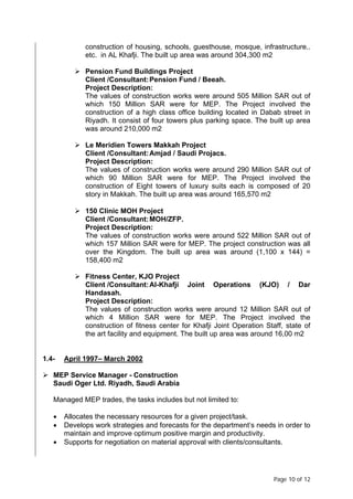 Page 10 of 12
construction of housing, schools, guesthouse, mosque, infrastructure..
etc. in AL Khafji. The built up area was around 304,300 m2
 Pension Fund Buildings Project
Client /Consultant:Pension Fund / Beeah.
Project Description:
The values of construction works were around 505 Million SAR out of
which 150 Million SAR were for MEP. The Project involved the
construction of a high class office building located in Dabab street in
Riyadh. It consist of four towers plus parking space. The built up area
was around 210,000 m2
 Le Meridien Towers Makkah Project
Client /Consultant:Amjad / Saudi Projacs.
Project Description:
The values of construction works were around 290 Million SAR out of
which 90 Million SAR were for MEP. The Project involved the
construction of Eight towers of luxury suits each is composed of 20
story in Makkah. The built up area was around 165,570 m2
 150 Clinic MOH Project
Client /Consultant:MOH/ZFP.
Project Description:
The values of construction works were around 522 Million SAR out of
which 157 Million SAR were for MEP. The project construction was all
over the Kingdom. The built up area was around (1,100 x 144) =
158,400 m2
 Fitness Center, KJO Project
Client /Consultant:Al-Khafji Joint Operations (KJO) / Dar
Handasah.
Project Description:
The values of construction works were around 12 Million SAR out of
which 4 Million SAR were for MEP. The Project involved the
construction of fitness center for Khafji Joint Operation Staff, state of
the art facility and equipment. The built up area was around 16,00 m2
1.4- April 1997– March 2002
 MEP Service Manager - Construction
Saudi Oger Ltd. Riyadh, Saudi Arabia
Managed MEP trades, the tasks includes but not limited to:
• Allocates the necessary resources for a given project/task.
• Develops work strategies and forecasts for the department’s needs in order to
maintain and improve optimum positive margin and productivity.
• Supports for negotiation on material approval with clients/consultants.
 