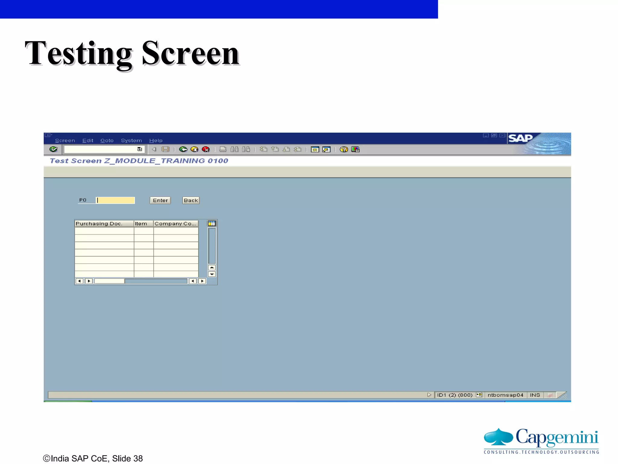 ©India SAP CoE, Slide 38
Testing ScreenTesting Screen
 