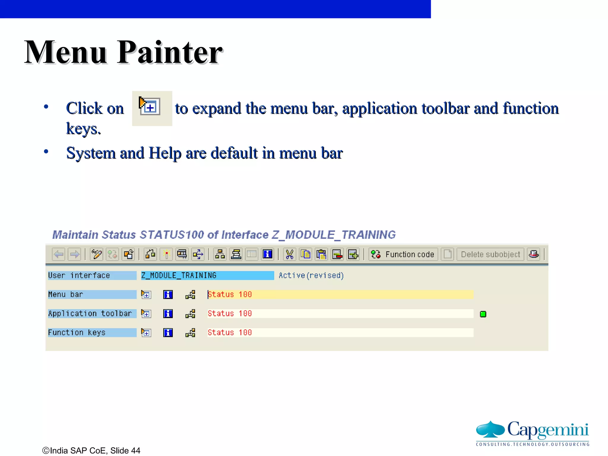 ©India SAP CoE, Slide 44
Menu PainterMenu Painter
• Click on to expand the menu bar, application toolbar and functionClick on to expand the menu bar, application toolbar and function
keys.keys.
• System and Help are default in menu barSystem and Help are default in menu bar
 