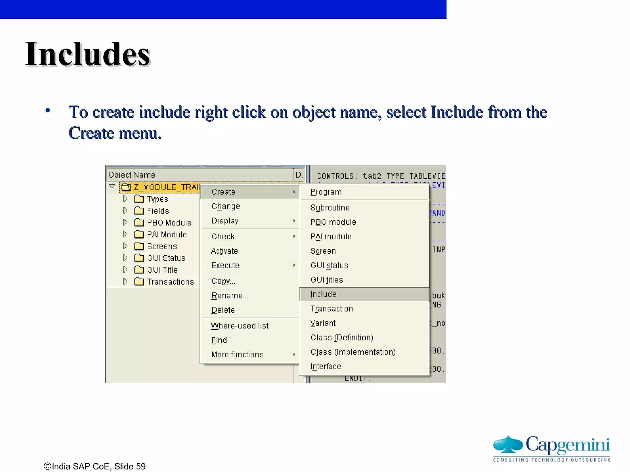 ©India SAP CoE, Slide 59
IncludesIncludes
• To create include right click on object name, select Include from theTo create include right click on object name, select Include from the
Create menu.Create menu.
 